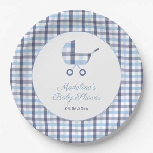Chic Blue White Check Buggy Boy Baby Shower Party Paper Plates