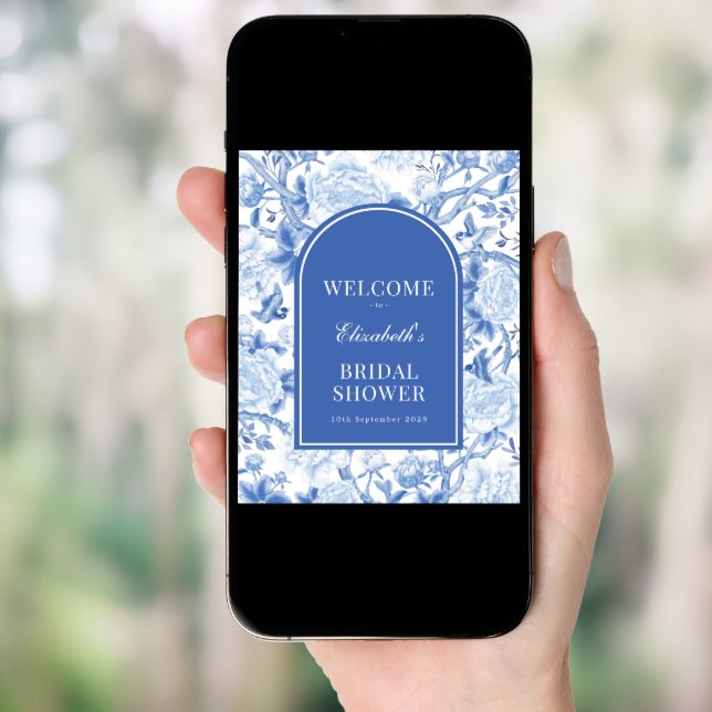 Chic Blue White Chinoiserie Bridal Shower Welcome Poster (Front Digital)