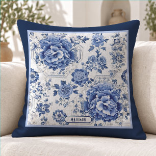 Chic Blue White Chinoiserie Floral Monogram Throw Pillow