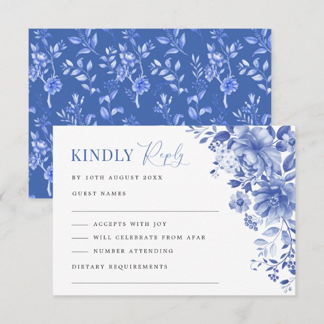 Chic Blue White Chinoiserie Floral Wedding RSVP Card (Front/Back)