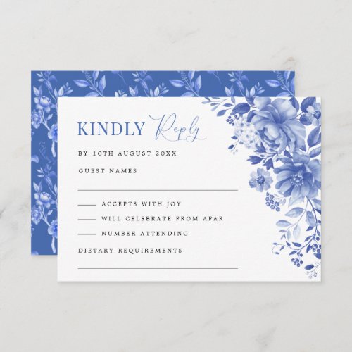 Chic Blue White Chinoiserie Floral Wedding RSVP Card