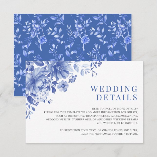 Chic Blue White Chinoiserie Garden Wedding Details Enclosure Card (Front/Back)
