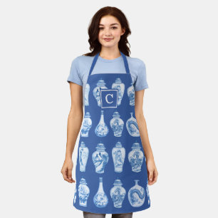 Chic Blue White Chinoiserie Ginger Jars Monogram Apron