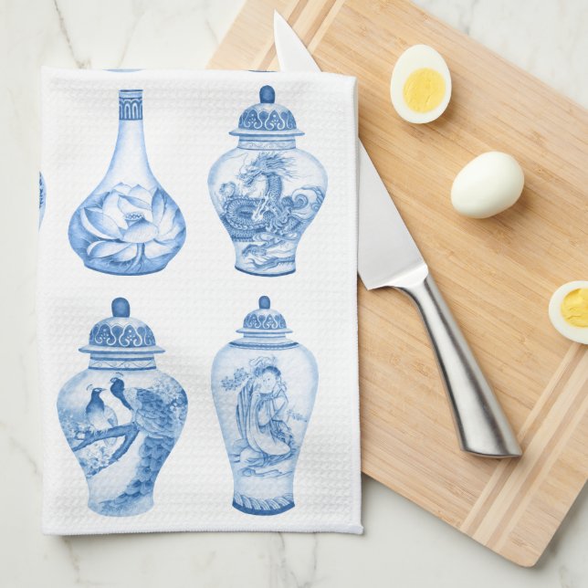 Chic Blue White Chinoiserie Porcelain Ginger Jars Kitchen Towel (Quarter Fold)