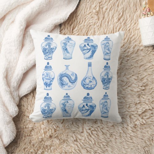 Chic Blue White Chinoiserie Porcelain Ginger Jars Throw Pillow