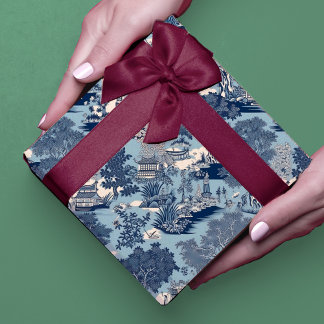 Chic Blue White Chinoiserie Willow Toile Scene Wrapping Paper Sheets