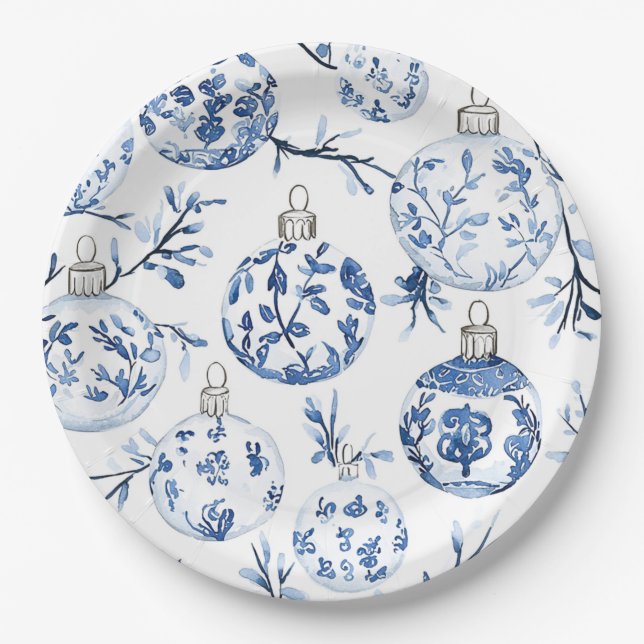 Chic Blue White Christmas Ornaments Paper Plates (Front)