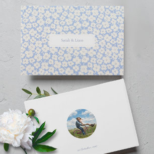 Chic Blue White Couple Photo Floral Daisy Wedding Guest Book