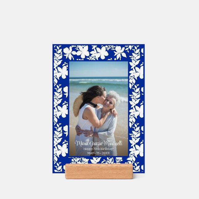Chic Blue White Floral 70th Birthday Photo Holder (Woodblock)