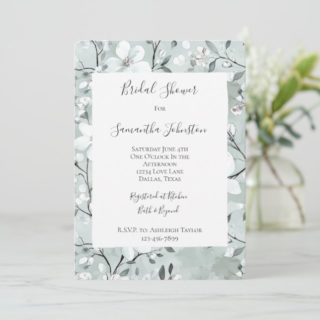 Chic Blue White Floral Bridal Shower Invitation (Standing Front)