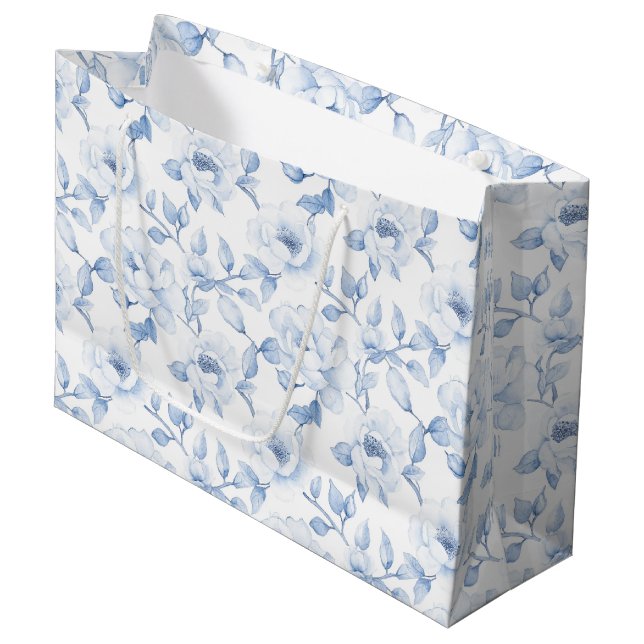 Chic Blue White Floral Bridal Shower Large Gift Bag (Front Angled)