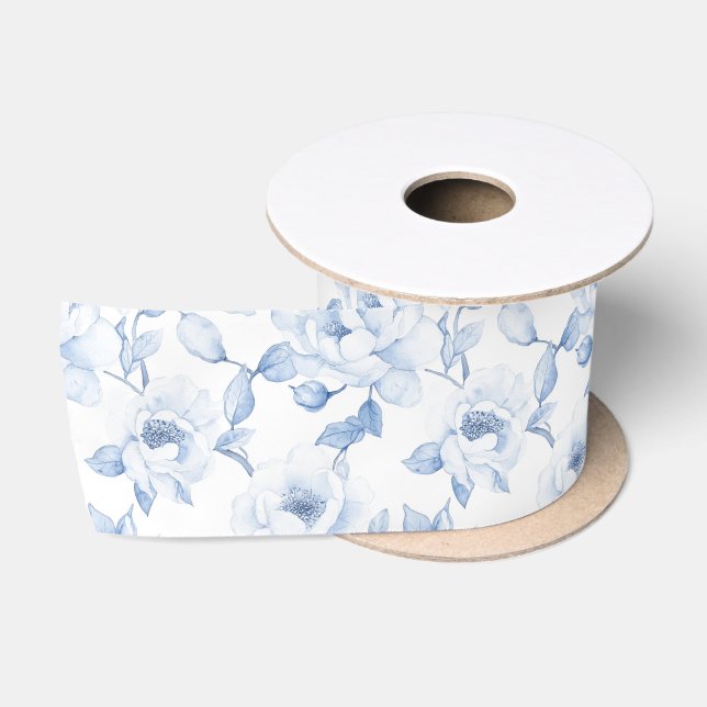 Chic Blue White Floral Bridal Shower Satin Ribbon (Spool)