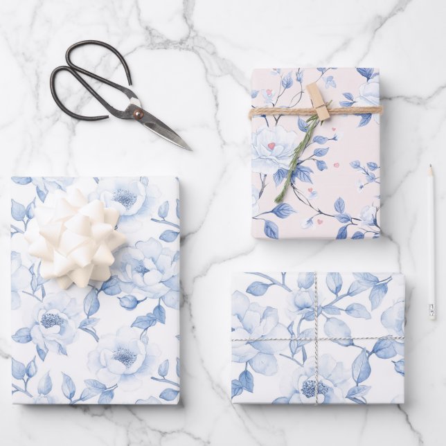 Chic Blue White Floral Bridal Shower Wrapping Paper Sheets (Front)