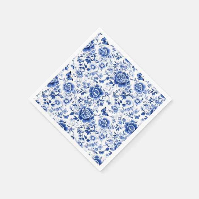 Chic Blue & White Floral Chinoiserie Napkins (Corner)