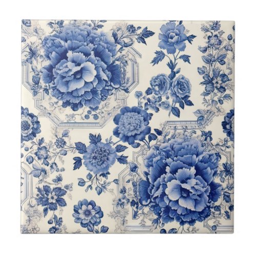 Chic Blue white floral chinoiserie toile monogram Ceramic Tile