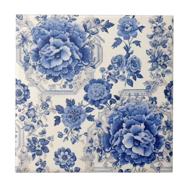 Chic Blue white floral chinoiserie toile monogram Ceramic Tile (Front)