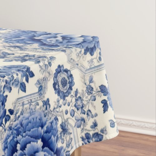 Chic Blue white floral chinoiserie toile monogram Tablecloth