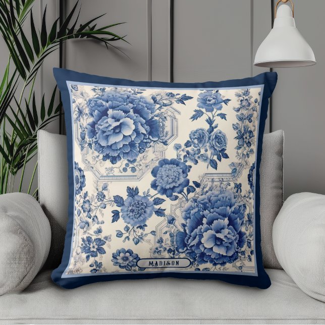Chic Blue white floral chinoiserie toile monogram Throw Pillow (Creator Uploaded)