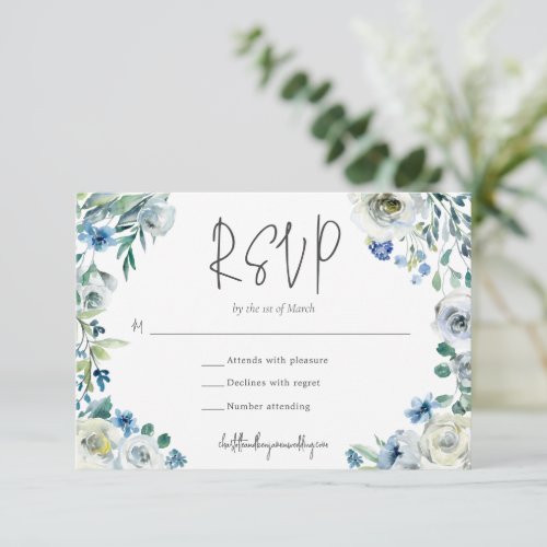 Chic Blue White Floral Garden Wedding RSVP Card