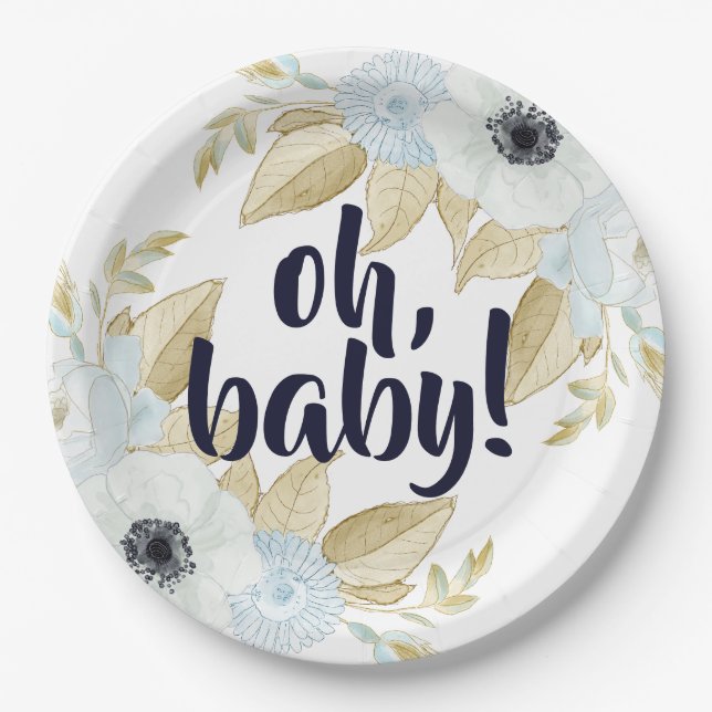 Chic Blue & White Floral Oh Baby Baby Shower Paper Plates (Front)