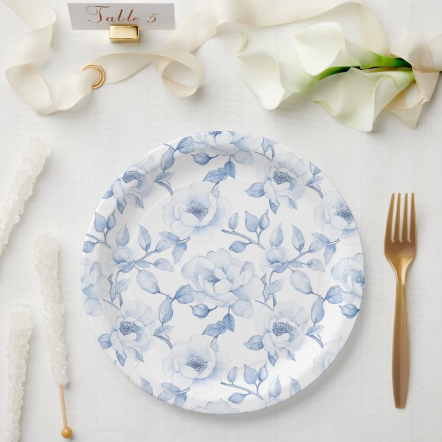 Chic Blue White Floral Wedding Paper Plates (Wedding)