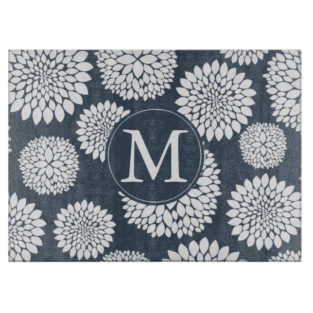 Chic Blue White Flowers Monogram Cutting Board (Front)