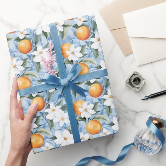 Chic Blue White Flowers Oranges Bridal Shower Wrapping Paper (Gifting)
