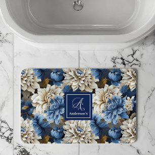 Chic Blue White Flowers Personalized Bath Mat