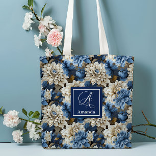 Chic Blue White Flowers Personalized Tote Bag