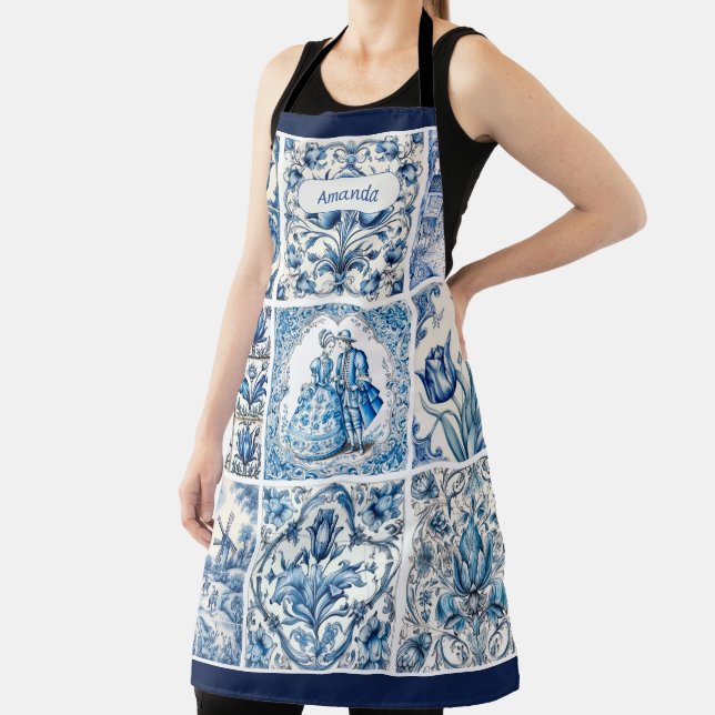 Chic Blue white frames toile de jouy monogram Apron (Insitu)