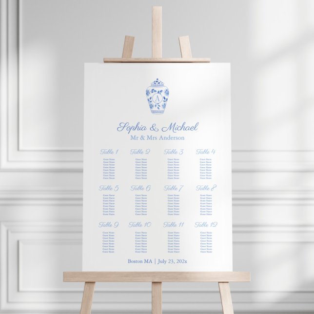 Chic Blue White Ginger Jar Wedding Seating Chart Foam Board (Elegant 12 tables wedding seating chart featuring watercolor ginger jar with monogram)