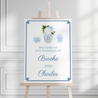Chic Blue White Ginger Jar Wedding Welcome Sign