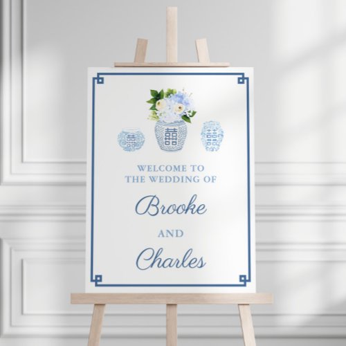 Chic Blue White Ginger Jar Wedding Welcome Sign