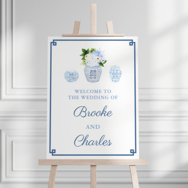 Chic Blue White Ginger Jar Wedding Welcome Sign (Elegant Blue And White Ginger jars With Neutral Florals Wedding Welcome Sign)