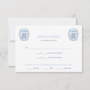 Chic Blue & White Ginger Jars Meal Choices Wedding RSVP Card