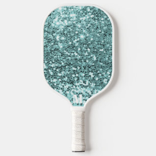 Chic Blue White Glittery Sparkles Modern Monogram Pickleball Paddle