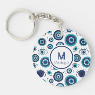 Chic Blue White Greek Evil Eye Monogram Keychain