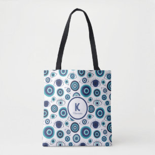 Chic Blue White Greek Evil Eye Monogram Tote Bag