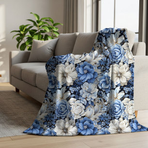 Chic Blue White Ivory Floral Cozy Soft Fleece   Sherpa Blanket