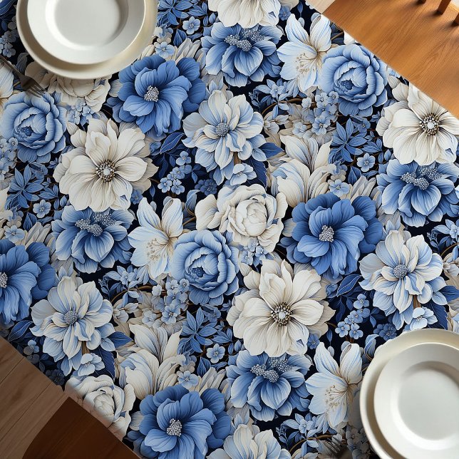 Chic Blue White Ivory Floral Modern Tablecloth (Chic Blue White Ivory Floral Modern Tablecloth)