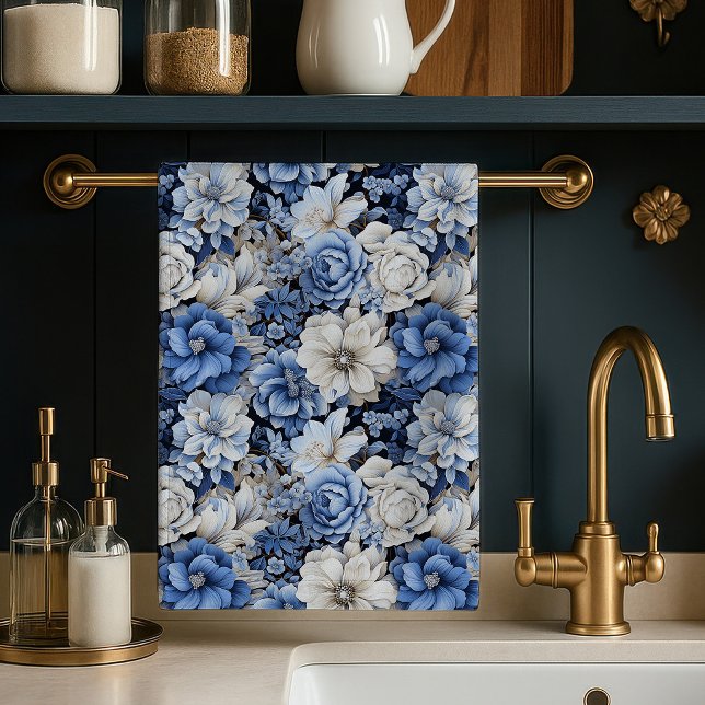 Chic Blue White Ivory Floral Soft Kitchen Hand   Towel (Chic Blue White Ivory Floral Soft Kitchen Hand Towel)