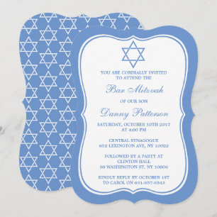 Chic Blue & White Jewish Star Of David Bar Mitzvah Invitation