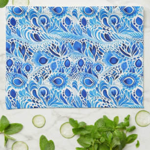 Chic Blue White Peacock Feathers Bridal Shower Kitchen Towel