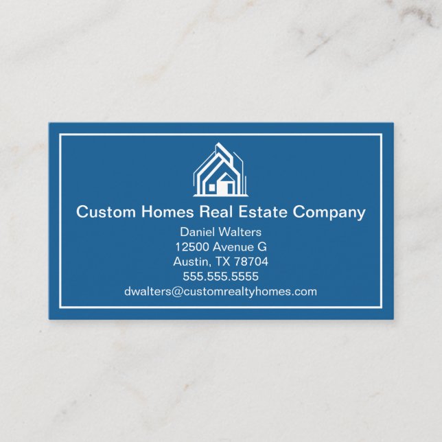 Chic Blue White Real Estate Company House Business Card (Front)