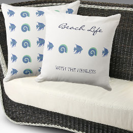 Chic Blue White Shells and Fish Family Beach House Throw Pillow