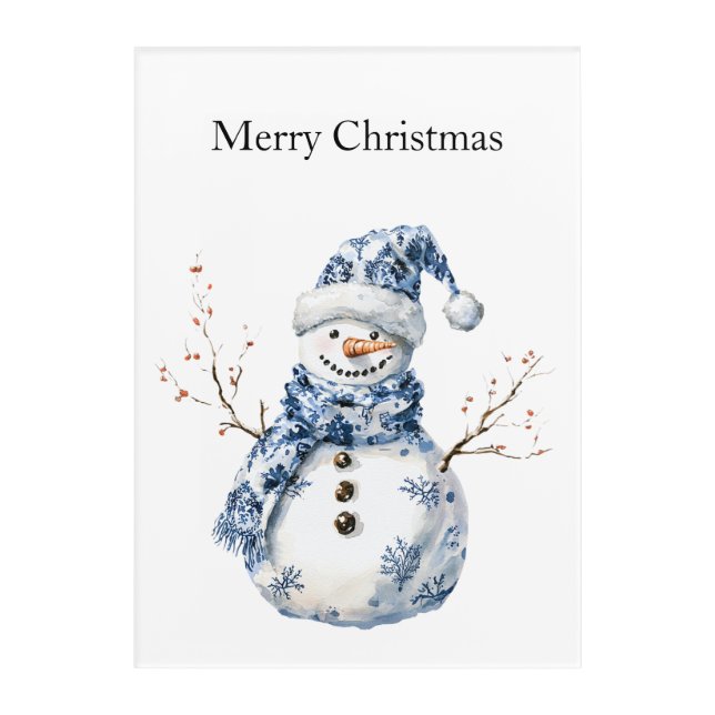 Chic Blue White Snowman Christmas Acrylic Print (Front)