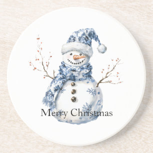 Chic Blue White Snowman Christmas Coaster