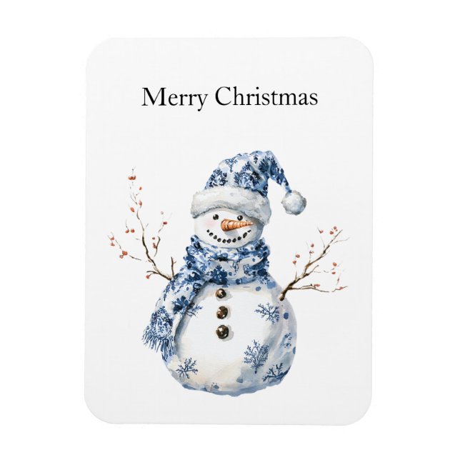 Chic Blue White Snowman Christmas Magnet (Vertical)