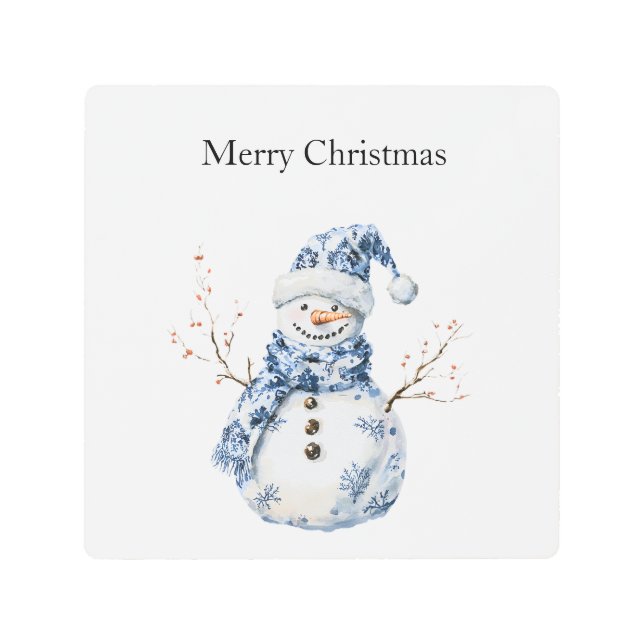 Chic Blue White Snowman Christmas Metal Print (Front)