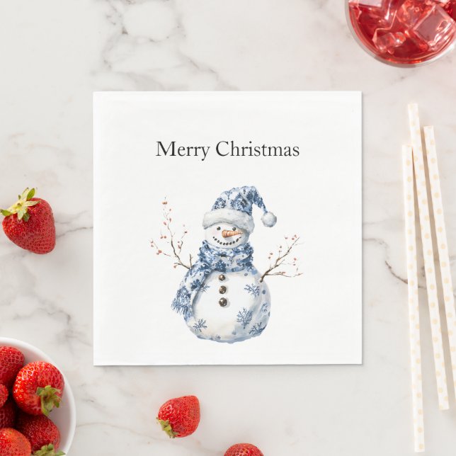 Chic Blue White Snowman Christmas Napkins (Insitu)